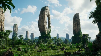 Majestic Ancient Stones Surrounded by Lush Greenery Under a Bright Blue Sky with Soft Clouds
