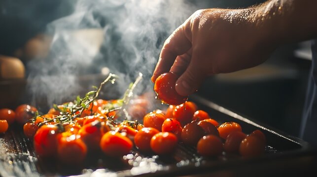 Talented chef meticulously preparing a mouthwatering tomato based dish using freshly harvested ingredients sizzling away on a hot pan in a professional kitchen setting