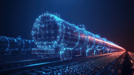 Abstract polygonal tank train on railway tracks.