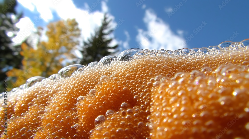 Poster close-up view of bubbles on orange surface with bright sky and trees in background