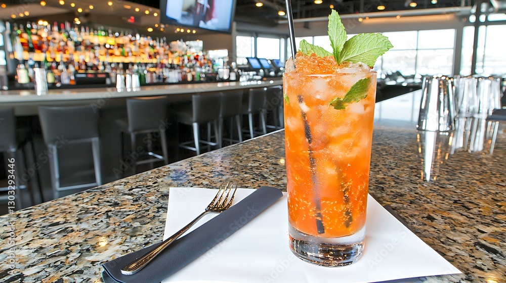 Poster refreshing cocktail with mint on a bar counter at a modern restaurant setting with colorful backgrou