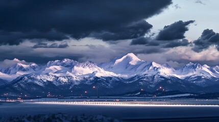 Breathtaking panoramic view of towering snow capped mountain peaks reflected in the calm mirror like surface of a serene alpine lake set against a dramatic moody cloudy sky