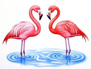 Obraz premium Two vibrant pink flamingos gracefully stand in rippling blue water, symbolizing love