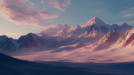Breathtaking panoramic view of snow capped mountain peaks reaching into a dramatic colorful winter sky  The rugged glacier covered terrain and serene