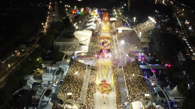 aerial view of the sambadrome at the 2025 carnival parade of the gavioes da faithful samba school