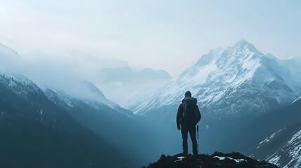 Lone figure silhouetted against a backdrop of towering snow covered peaks standing in contemplation on a rugged rocky outcrop surrounded by a serene and untamed mountain landscape