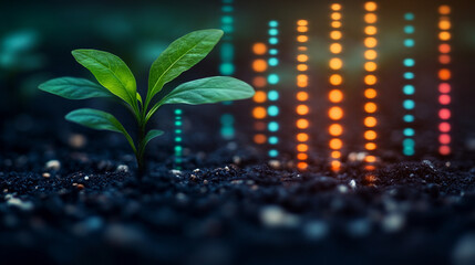 Close-up of vibrant green plants sprouting from rich, dark soil, illuminated by glowing digital lines, symbolizing innovation, growth, sustainability, and the fusion of nature with modern technology