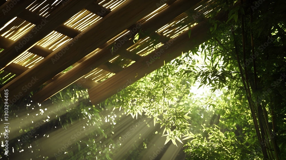 Poster ethereal sunlight filtering through the lush verdant forest canopy creating a mesmerizing and captiv