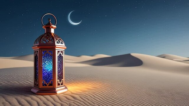 Glowing Islamic Lantern in Desert