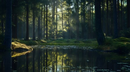 Tranquil forest landscape with calm reflection pond in serene natural environment at sunrise or sunset  Peaceful outdoor nature scene with trees water and warm sunlight creating a calming