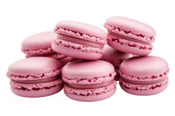 Close up detail pile of many pink macaroons isolated on transparent PNG background. Pastry concept.