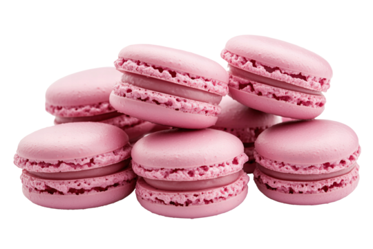 Close up detail pile of many pink macaroons isolated on transparent PNG background. Pastry concept.