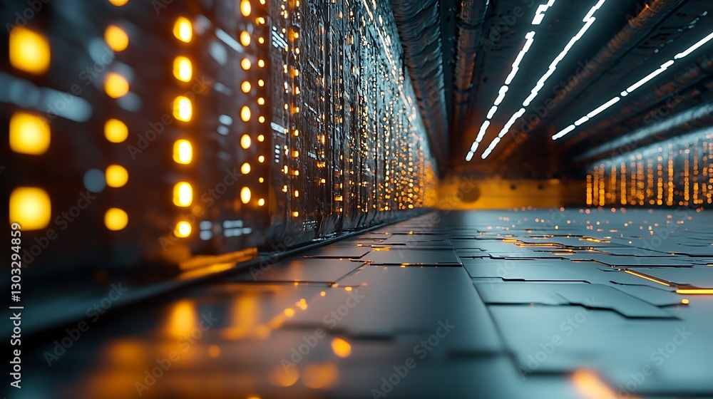 Poster high-tech futuristic data center interior with glowing lights and sleek surface configuration