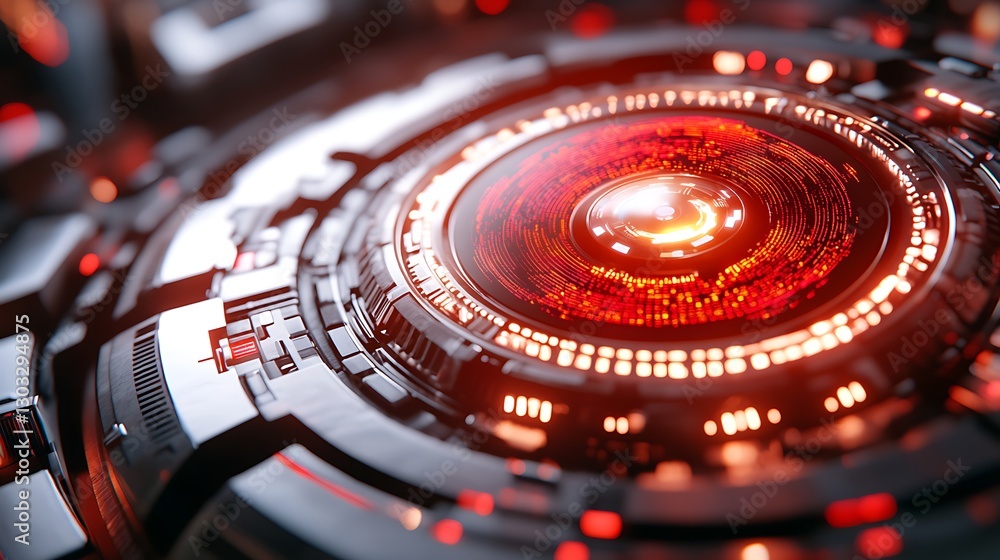 Poster futuristic technology concept with circular patterns and glowing lights in red and black color schem
