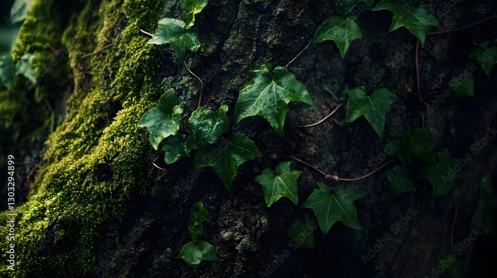 Poster verdant ivy intertwined around a moss covered tree trunk in a lush tranquil forest landscape the nat
