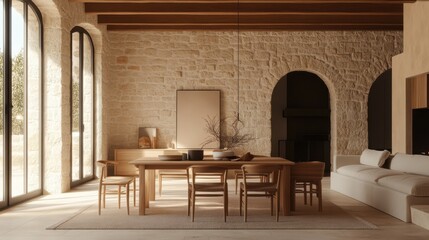 Modern chic living and dining area blending seamlessly with a 19th-century Provencal farmhouse in Uzes, showcasing detailed natural materials and warm ambiance