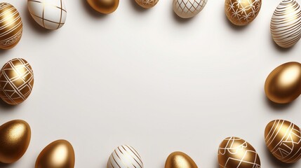 Fototapeta premium Gold and White Easter Eggs Frame on Beige Background