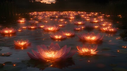 Illuminated lotus flowers on a tranquil pond at dusk