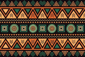Vibrant Ethnic Tribal Geometric Pattern Seamless Design with Orange Green and Black Triangles Squares and Circles