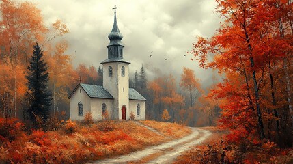 Obraz premium old church in the countryside in autumn painting effect