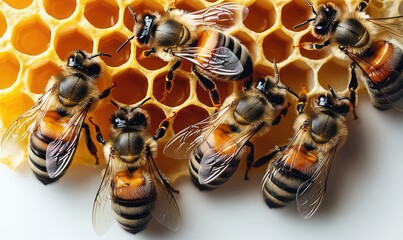 Close up view of honeybees on honeycomb, yellow and golden honeycomb, detailed view of bees, insects on honeycomb, busy bees, honeycomb details, bees working, bees on honeycomb, honeycomb cells