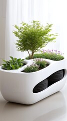 Modern planter with lush greenery and tire accents indoors.
