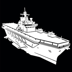 Obraz premium Black and white illustration of a Aircraft carrier, warship, Military vehicles.