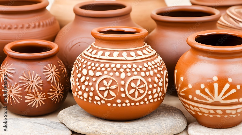 Poster handcrafted clay pots with intricate design patterns on display in an artisan market setting