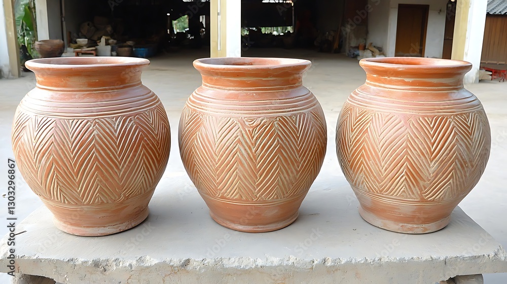 Poster traditional handmade clay pots with intricate patterns displayed in artisan workshop setting