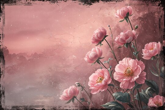 Gentle Blush Pink Twilight Background with Nostalgic Aged Texture and Artistic Grunge Border for Spring Celebrations