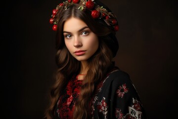 Fototapeta premium Portrait of a young woman in traditional dress with a floral headdress against a dark background showcasing cultural heritage