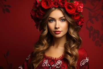 Fototapeta premium Elegant woman in traditional attire with floral crown posed against a vibrant red background