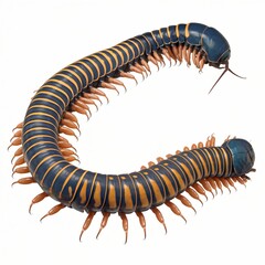 Dark Blue and Yellow Striped Centipede Isolated on White Background.