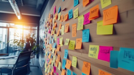 A strategic brainstorming session with sticky notes on a wall, wide-angle shot, in a creative space