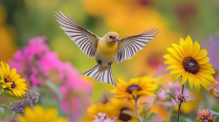 Goldfinch Hopping Around Vibrant Sunflowers in a Colorful Garden 
