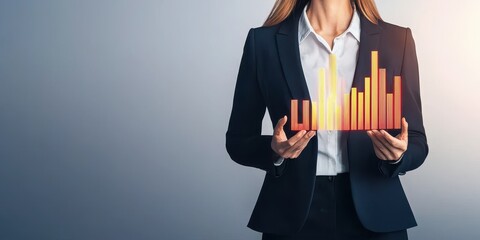 A professional woman in a suit holds digital bar graphs, symbolizing data analysis and business growth.