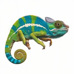 Obraz premium Colorful Chameleon with Curled Tail Isolated on White Background.