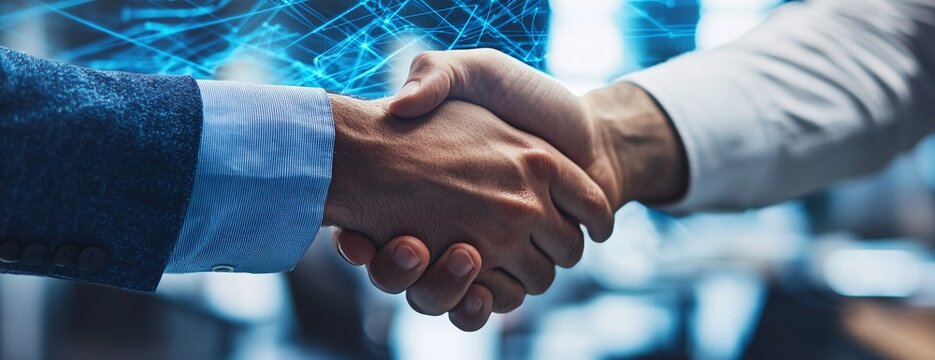 Handshake of Innovation: A close-up shot captures the moment two professionals seal a deal with a firm handshake, set against a backdrop of digital technology and a symbol of technological progress.