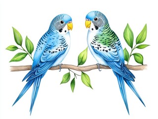 Two vibrant budgerigars perched on a branch surrounded by green leaves