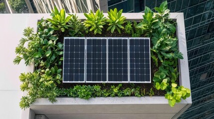A rooftop garden features lush greenery surrounding solar panels, symbolizing sustainable living...