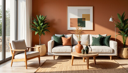 Cozy living room with earthy tones and natural lighting, home serenity