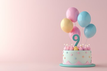 Simple backdrop with pastel birthday cake, number 9, and balloons.