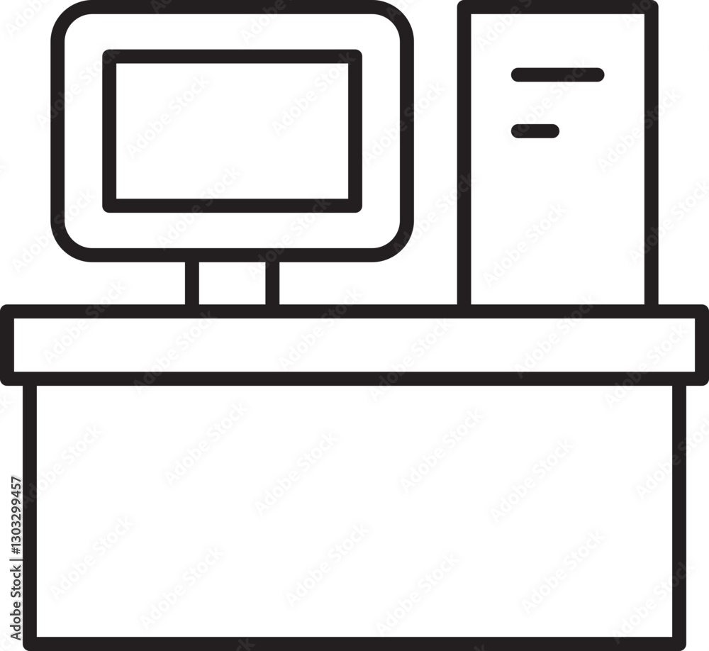 Poster desk with computer and storage unit icon