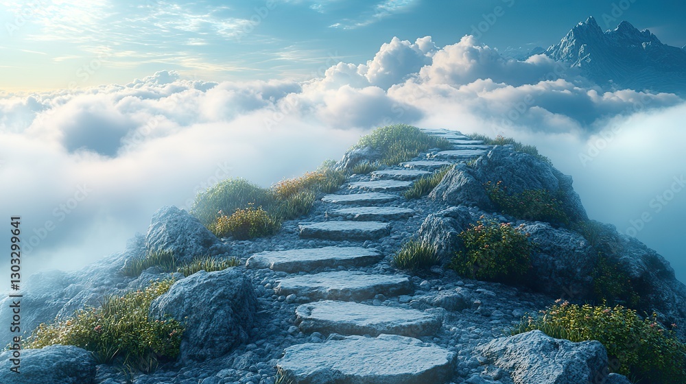 Poster path to heaven ladder leading to the top of a mountain with clouds in the background