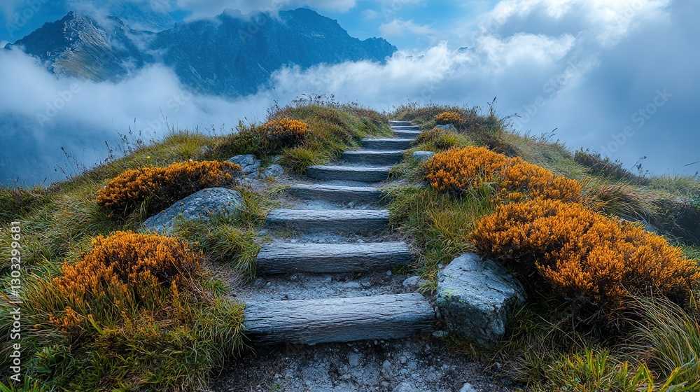 Poster path to heaven ladder leading to the top of a mountain with clouds in the background