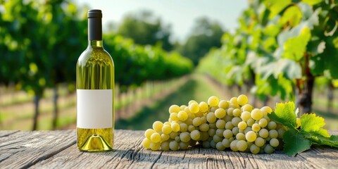 Fototapeta premium Golden vineyard sunlight on wine bottle and grapes