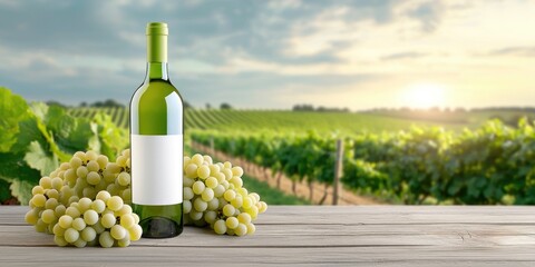 Fototapeta premium Rustic wine scene with bottle and grape bunches