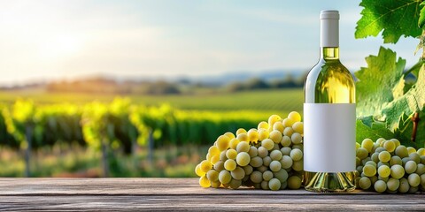 Fototapeta premium Elegant wine bottle and white grapes under sunlight
