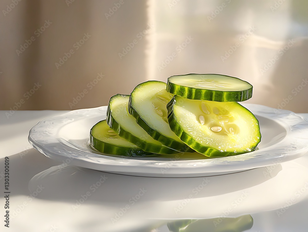 Poster freshly sliced cucumbers on white plate with natural light reflection and shadow play in background