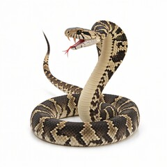 Fototapeta premium Coiled Rattlesnake with Diamond Pattern Displaying Fangs Isolated on White Background.